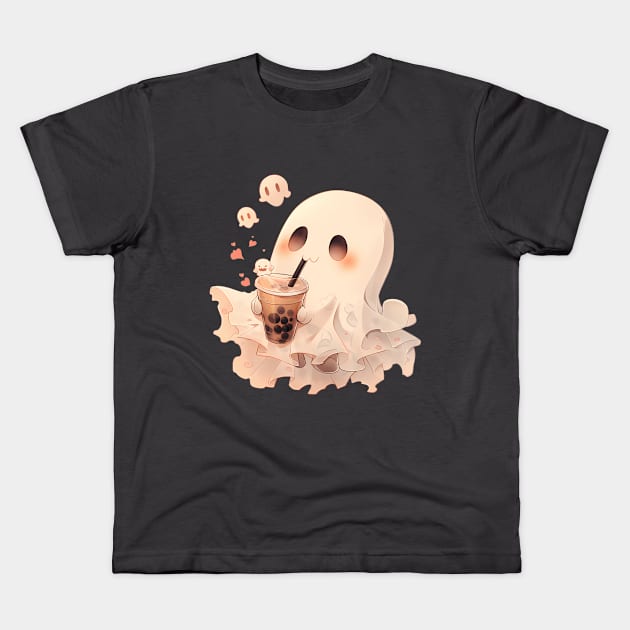 Spooky Sheet Ghost enjoying boba tea on Halloween Kids T-Shirt by Lunatic Bear